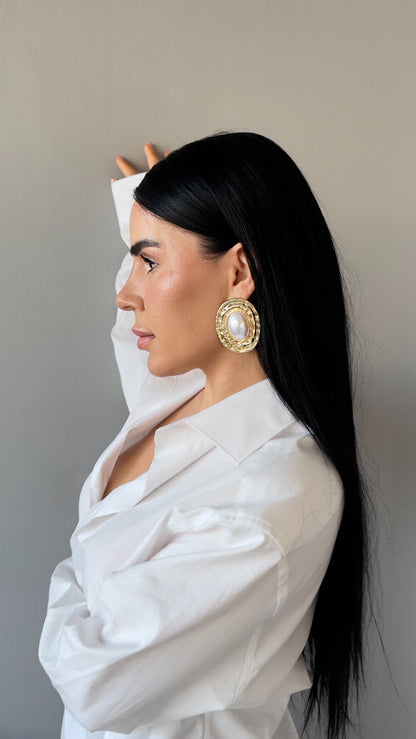 Vintage Barok İnci Detaylı Altın Kaplama Küpe - Büyük Boy Şık Küpe