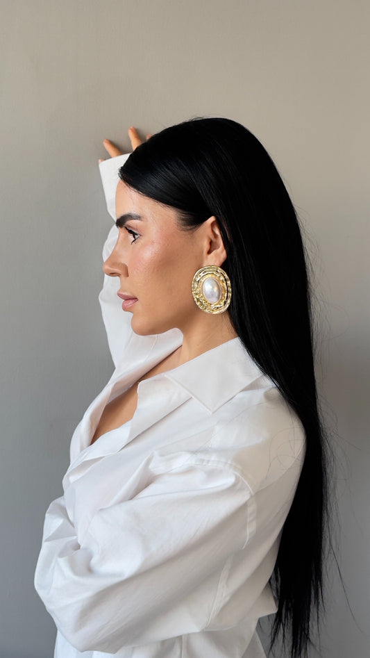 Vintage Barok İnci Detaylı Altın Kaplama Küpe - Büyük Boy Şık Küpe